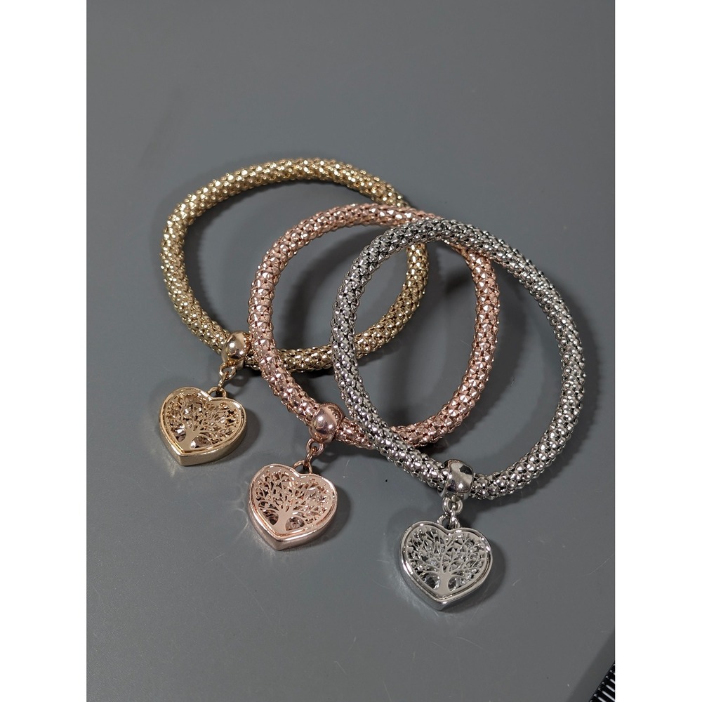 Set 3 Tri Color Heart Tree of Life Stretch Bracelets Mixed Metal 7.5 in